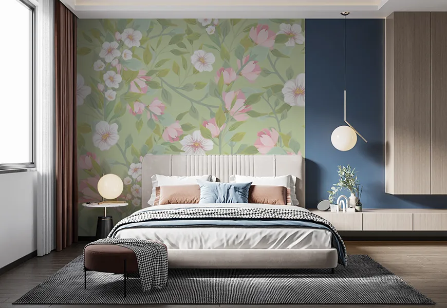 پوستر دیواری سه بعدی اتاق خواب عروس و داماد طرح شکوفه سیب